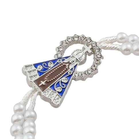 Terço de Pulso de Nossa Senhora Aparecida Prata e Cruz Prata - Pérola Branca 4mm