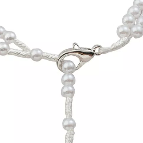 Terço de Pulso de Nossa Senhora Aparecida Prata e Cruz Prata - Pérola Branca 4mm