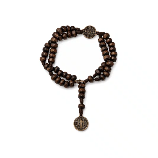 Terço de Pulso Masculino São Bento Ouro Velho em Madeira Marrom Escuro 6mm