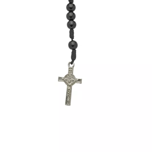 Terço de Pulso Masculino com Entremeio de São Bento Prata em Pérola Preto 6mm