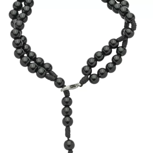 Terço de Pulso Masculino com Entremeio de São Bento Prata em Pérola Preto 6mm
