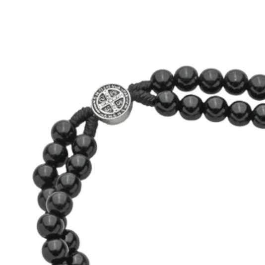 Terço de Pulso Masculino com Entremeio de São Bento Prata em Pérola Preto 6mm