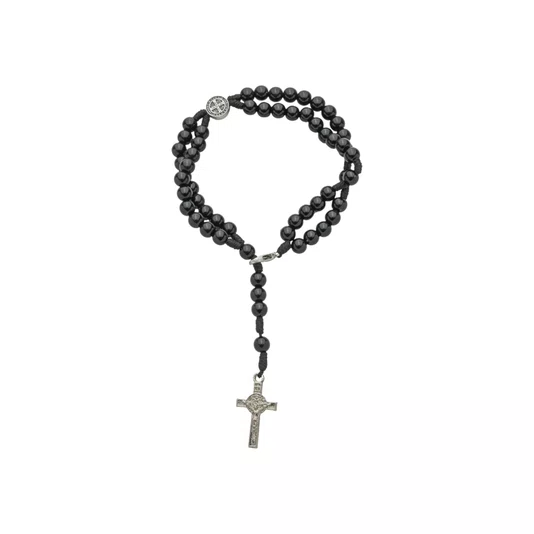 Terço de Pulso Masculino com Entremeio de São Bento Prata em Pérola Preto 6mm