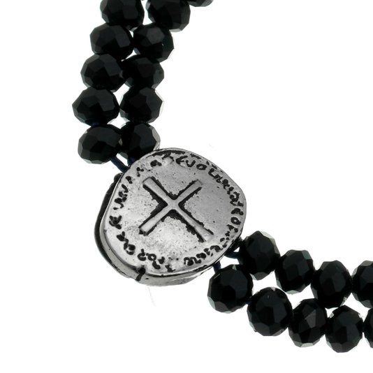 Kit Terço de Pulso com Medalha das Duas Cruzes Cristal Preto - 2Un