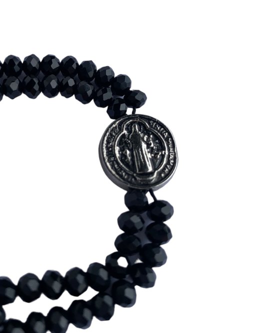 Kit Terço de Pulso com Medalha de São Bento e Contas Cristal Preto - 2Un