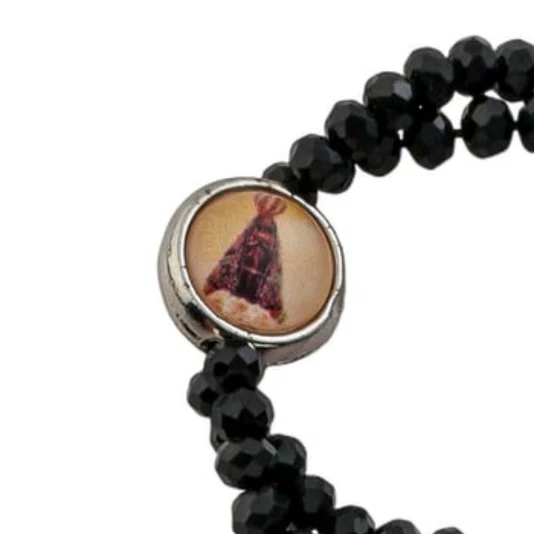 Terço de Pulso Medalha Resinada Nossa Senhora Aparecida Cristal Preto 4mm 2un