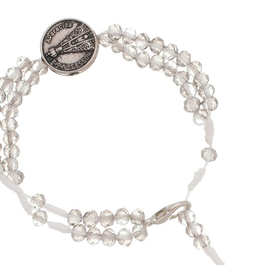 Kit Terço de Pulso Nossa Senhora Aparecida com Contas Cristal Cinza - 2Un