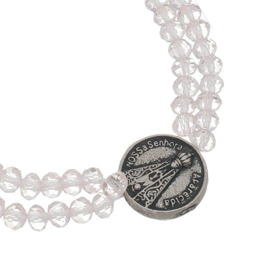 Kit Terço de Pulso de Nossa Senhora Aparecida e Contas Cristal Rosa Translúcido - 2Un