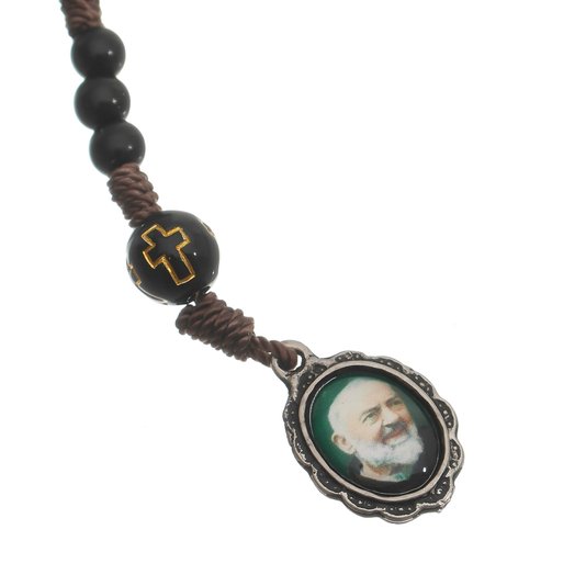 Kit Terço de Pulso de São Padre Pio Preto com Conta Cruz - 3Un
