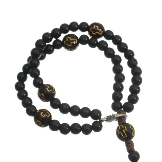 Kit Terço de Pulso de São Padre Pio Preto com Conta Cruz - 3Un