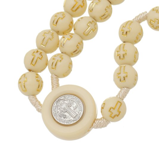 Terço de São Bento com Conta Cruz - Creme 8mm