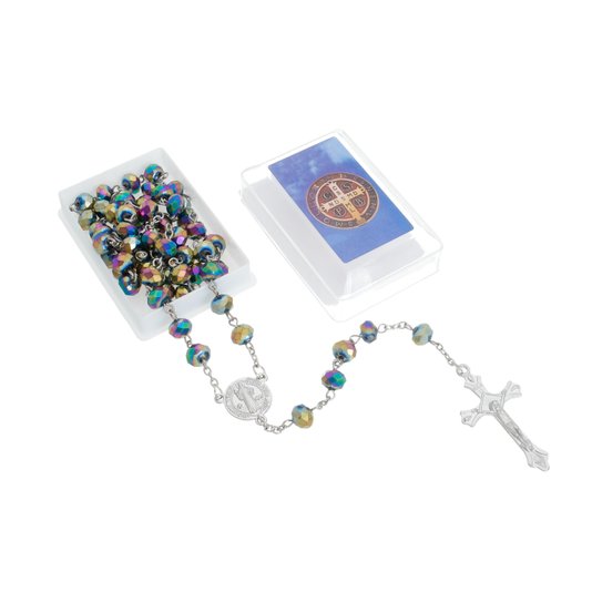 Kit Terço da Medalha de São Bento com Contas Cristal e Caixinha - Colorido - 12Un