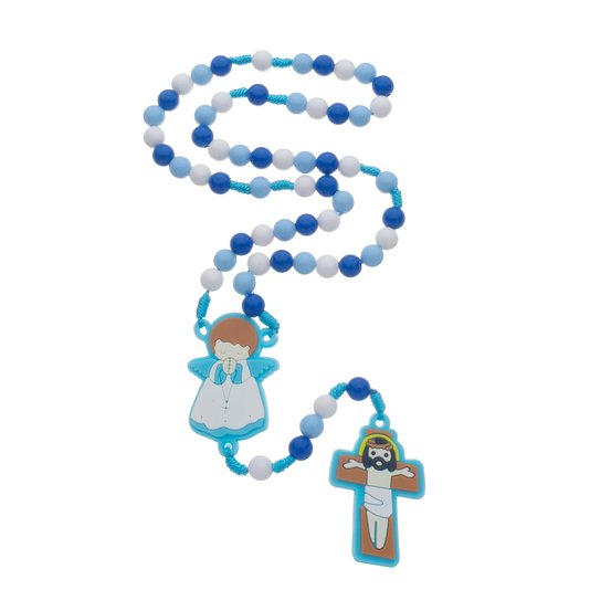 Terço Infantil com Contas Coloridas e Medalhas Emborrachadas - Azul Claro