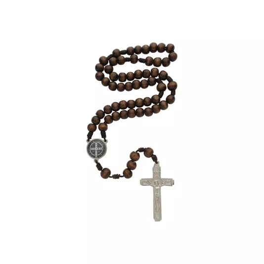 Terço Intercessor de São Bento com Contas de Madeira - Marrom Escuro