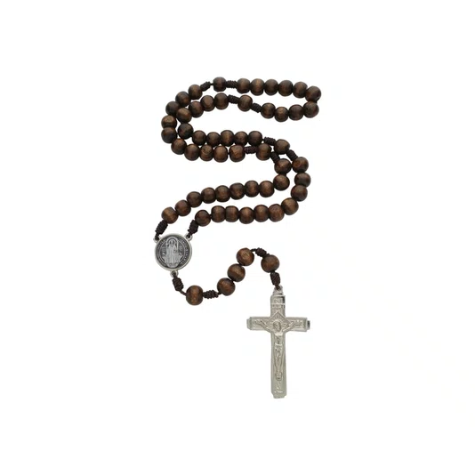 Terço Intercessor de São Bento com Contas de Madeira - Marrom Escuro