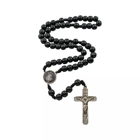 Terço Intercessor de São Bento com Contas de Madeira Preto 10mm