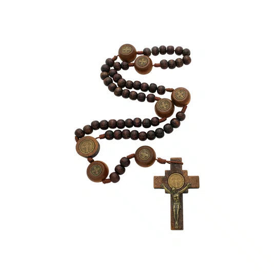 Terço Intercessor de São Bento Pai Nosso 20mm e Contas Madeira Marrom Escuro 10mm