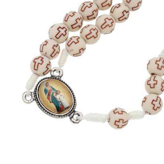 Terço Maria Passa Na Frente com Conta Cruz - Creme 8mm
