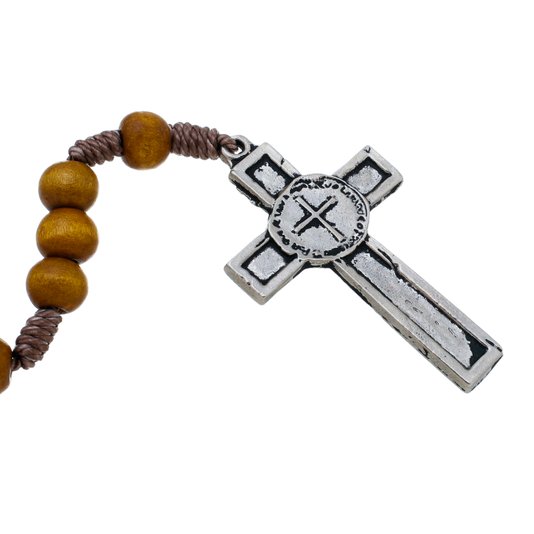 Terço Medalha Das Duas Cruzes em Madeira Marrom - 8mm
