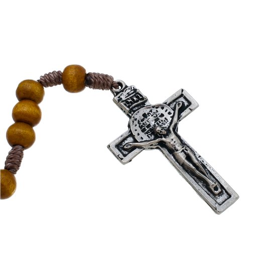 Terço Medalha Das Duas Cruzes em Madeira Marrom - 8mm
