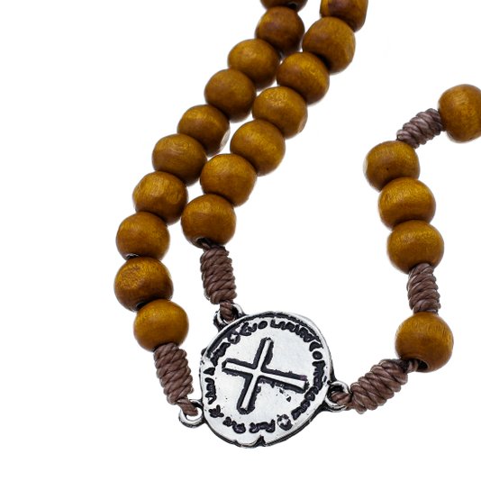 Terço Medalha Das Duas Cruzes em Madeira Marrom - 8mm