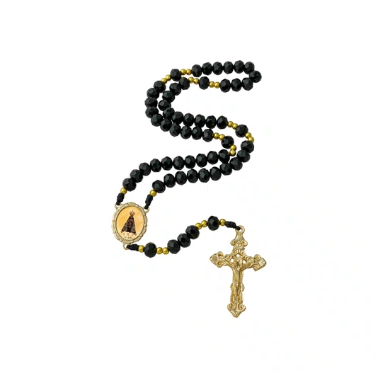 Terço Nossa Senhora Aparecida de Cristal Preto Entremeio Dourado - 8mm