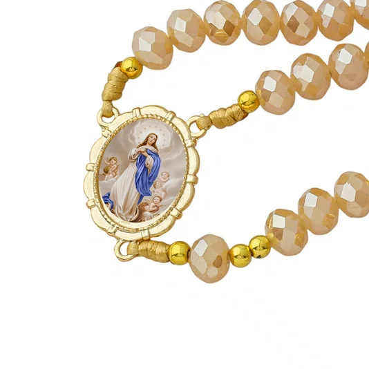 Terço Nossa Senhora da Conceição de Cristal Doce de Leite Entremeio Dourado - 8mm