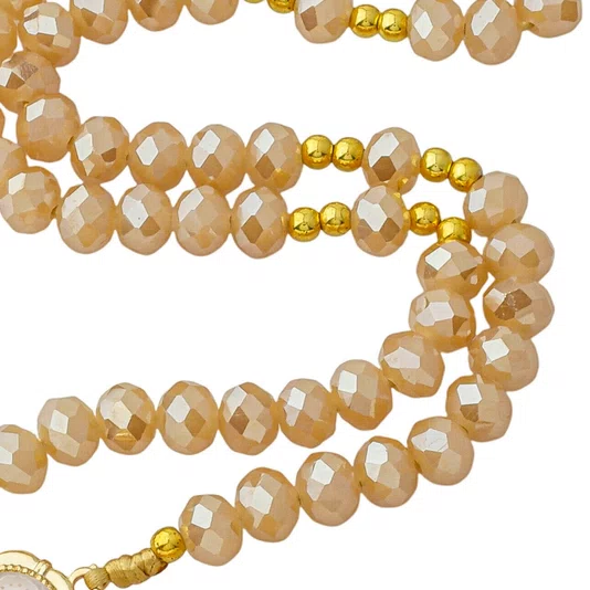 Terço Nossa Senhora da Conceição de Cristal Doce de Leite Entremeio Dourado - 8mm