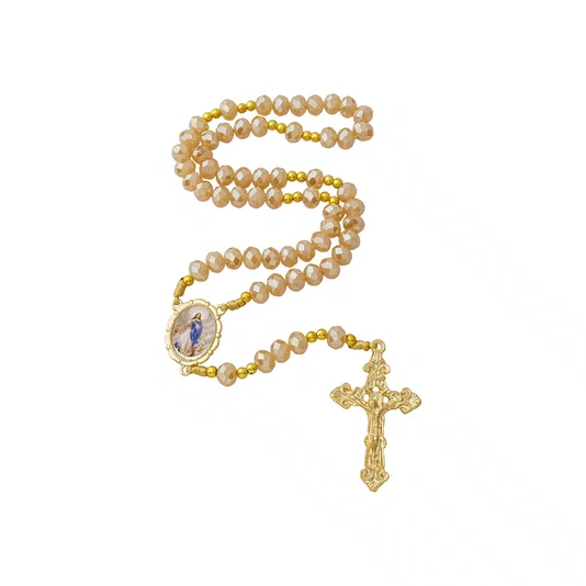 Terço Nossa Senhora da Conceição de Cristal Doce de Leite Entremeio Dourado - 8mm