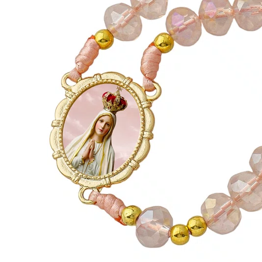 Terço Nossa Senhora de Fátima de Cristal Rosa Entremeio Dourado - 8mm