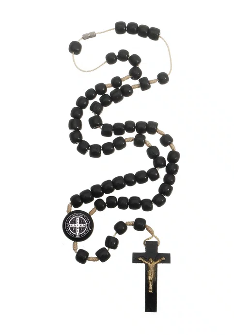 Terço para Pescoço com Medalha de São Bento em Madeira - Preto