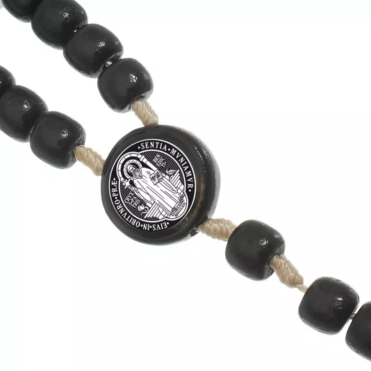 Terço para Pescoço com Medalha de São Bento em Madeira - Preto