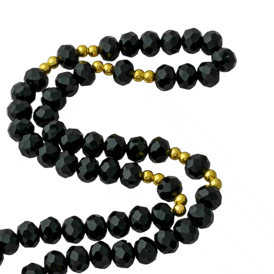 Terço Santa Rita de Cristal Preto Entremeio Dourado