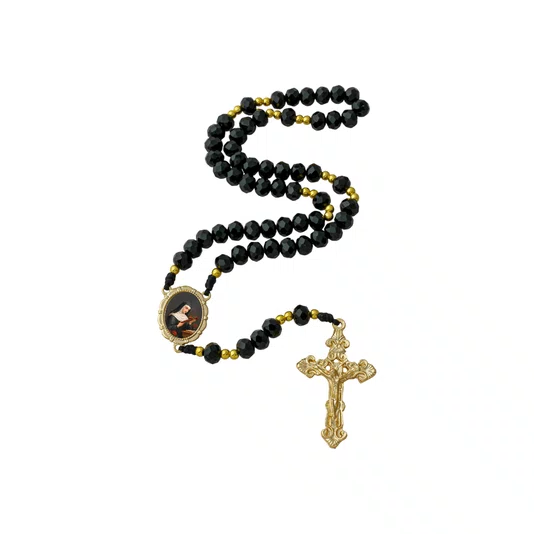 Terço Santa Rita de Cristal Preto Entremeio Dourado