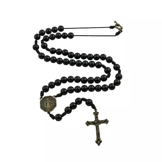 Terço São Bento de Pescoço de Pérola Preta 10mm