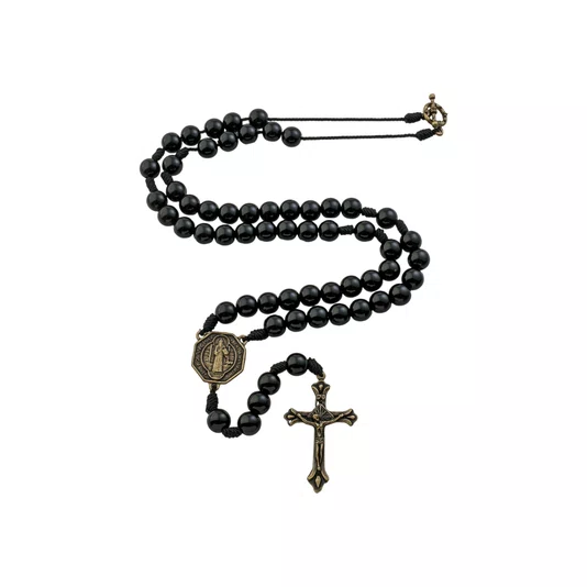 Terço São Bento de Pescoço de Pérola Preta 8mm