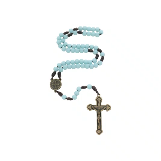 Terço São Bento Pérola - Verde Água 6mm Cruz Com Cristo Ouro Velho