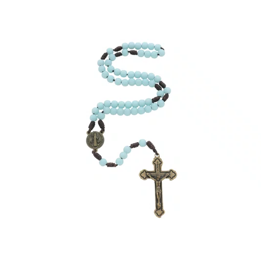 Terço São Bento Pérola - Verde Água 6mm Cruz Com Cristo Ouro Velho