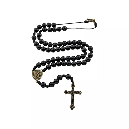 Terço São Miguel de Pescoço de Pérola Preta 10mm - Ouro Velho