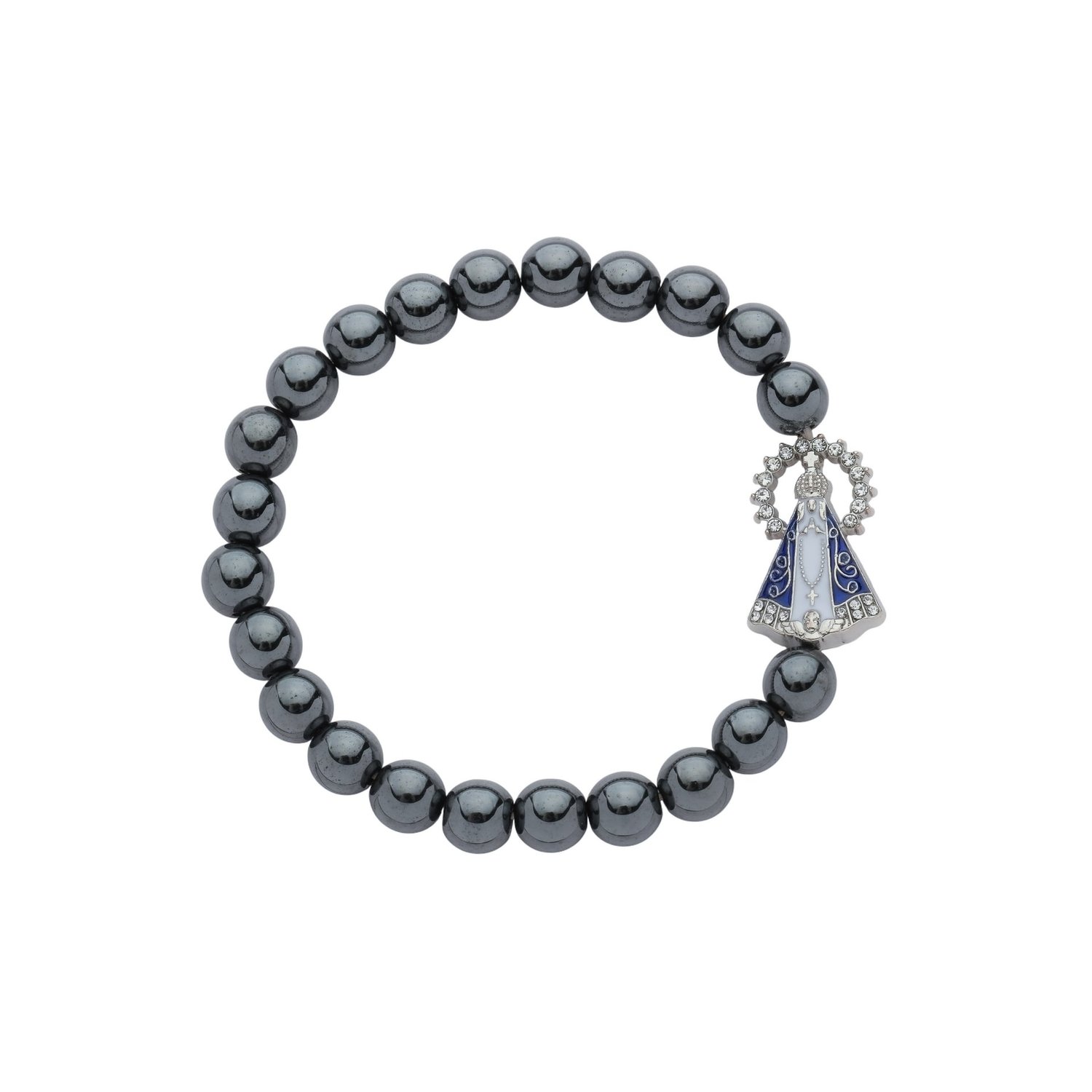 Pulseira de Nossa Senhora Aparecida com Elástico e Conta Pérola - Hematita Pulseira de Nossa Senhora Aparecida com Elástico e Conta Pérola - Hematita