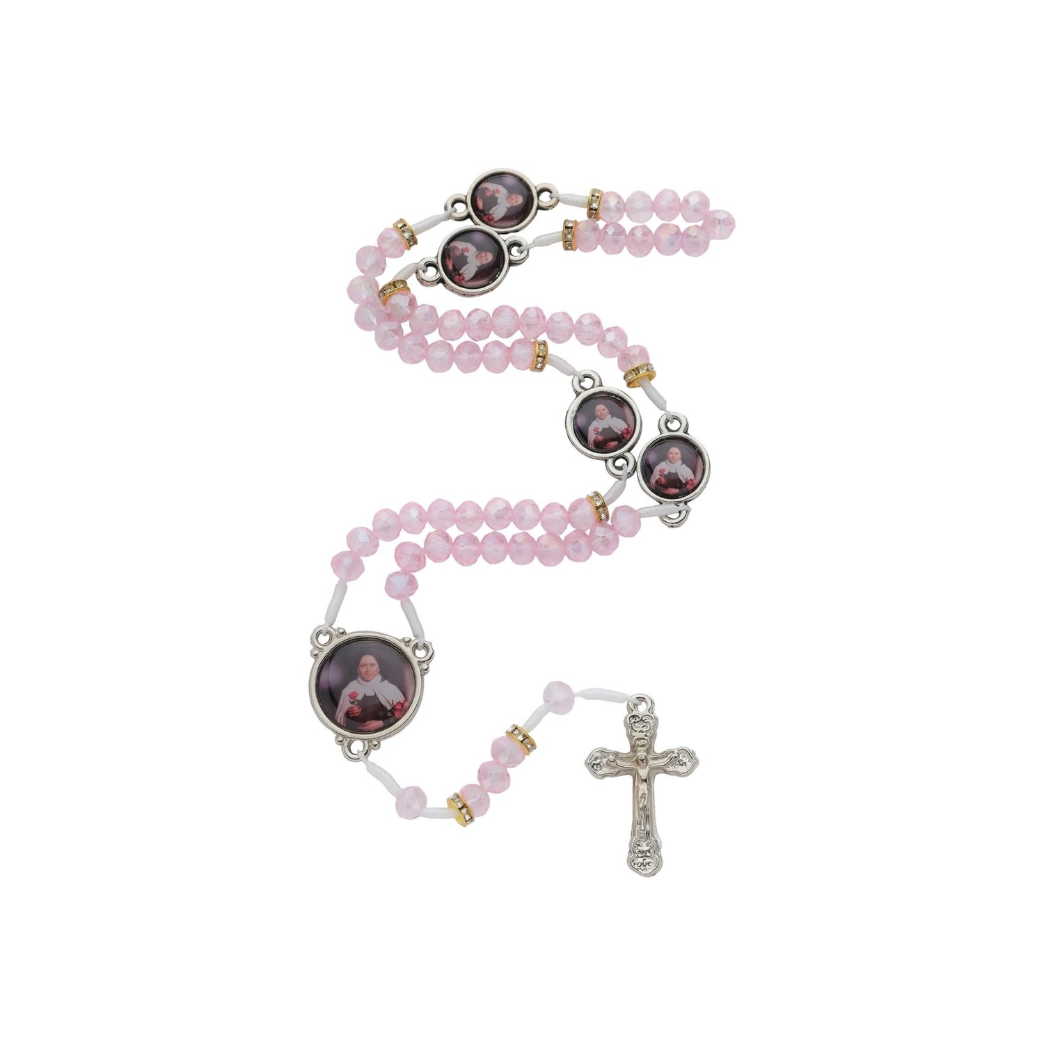 Terço com Entremeio de Santa Teresinha do Menino Jesus - Cristal Rosa Terço com Entremeio de Santa Teresinha do Menino Jesus - Cristal Rosa