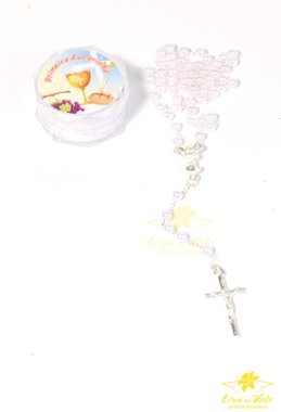 Lembrança da Primeira Eucaristia com Terço e Caixa em Acrílico - Branco