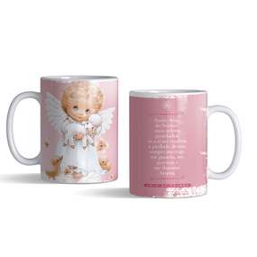 Caneca do Santo Anjo da Guarda com Oração - Porcelana - Rosa Claro