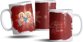 Caneca de Porcelana Sagrado Coração de Jesus e Maria Amar Jesus Por Meio de Maria