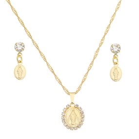 Colar com Pingente e Brinco de Nossa Senhora Das Das Graças com Detalhe em Strass