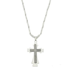 Colar em Inox, Crucifixo com Detalhe Preto e Oração do Pai Nosso