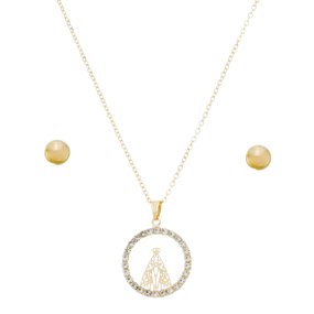 Colar de Nossa Senhora Aparecida com Strass e Brinco Pérola - Folheado