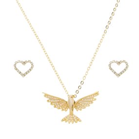 Colar do Espírito Santo e Brinco de Coração Vazado com Strass - Folheado