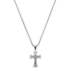 Colar Masculino com Crucifixo de São Bento Gravado a Laser em Inox - Prata