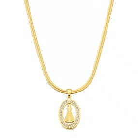 Colar Nossa Senhora Aparecida com Strass Corrente Laminada em Inox Dourado